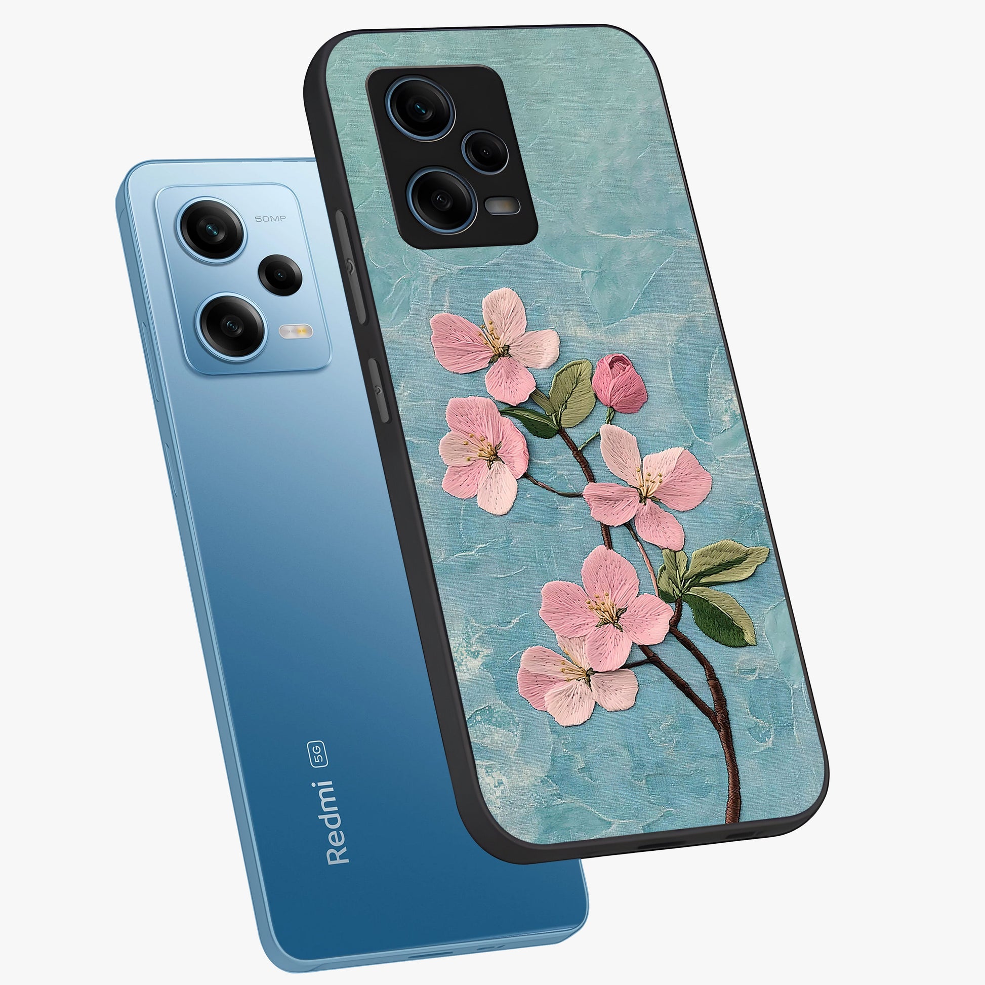 Threaded Blossom Breeze Glass Case displayed in angled mockup highlighting elegant floral design with soft aesthetic style.