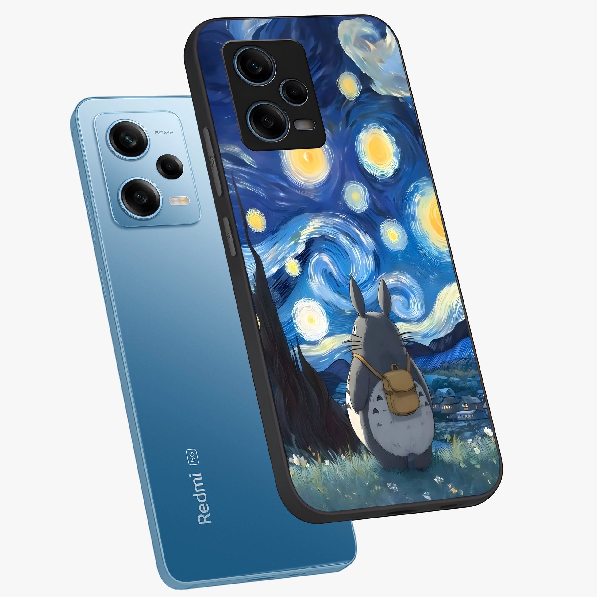 Totoro In Van Gogh Art Glass Case displayed in angled mockup highlighting artistic swirling sky design with playful animation aesthetic.