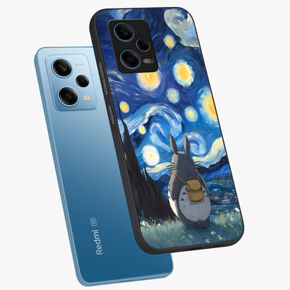 Totoro In Van Gogh Art Glass Case displayed in angled mockup highlighting artistic swirling sky design with playful animation aesthetic.