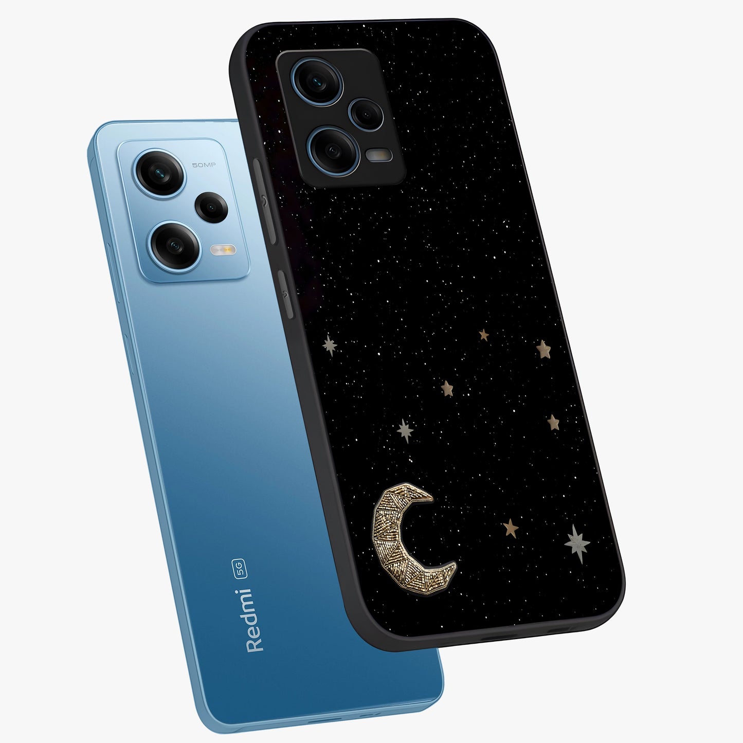 Twinkle Star With Half Moon Glass Case displayed in angled mockup highlighting celestial moon and star design with magical aesthetic.