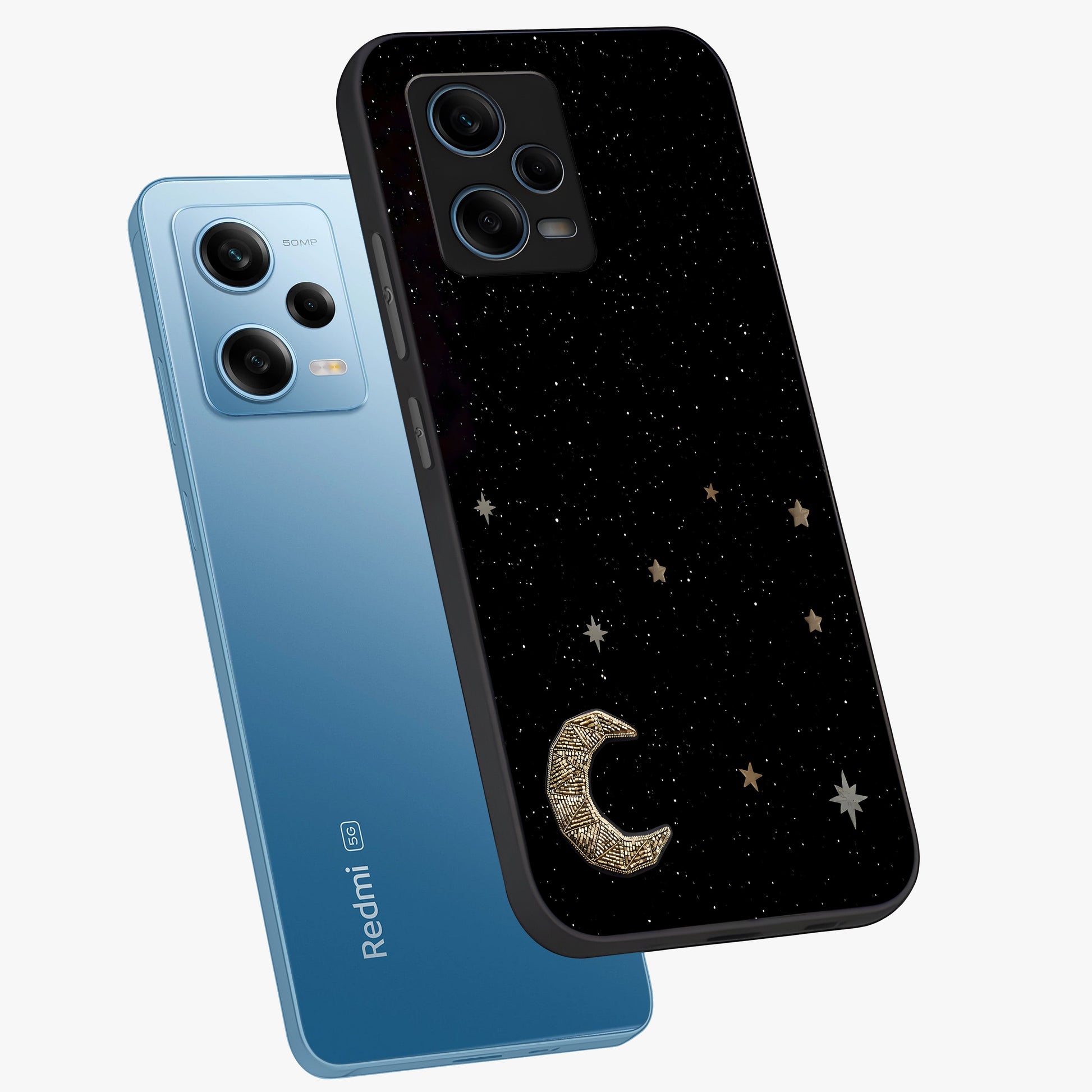 Twinkle Star With Half Moon Glass Case displayed in angled mockup highlighting celestial moon and star design with magical aesthetic.