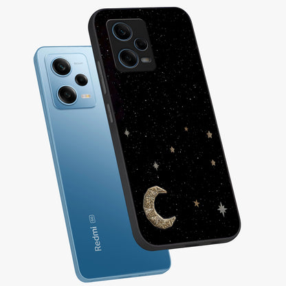 Twinkle Star With Half Moon Glass Case displayed in angled mockup highlighting celestial moon and star design with magical aesthetic.