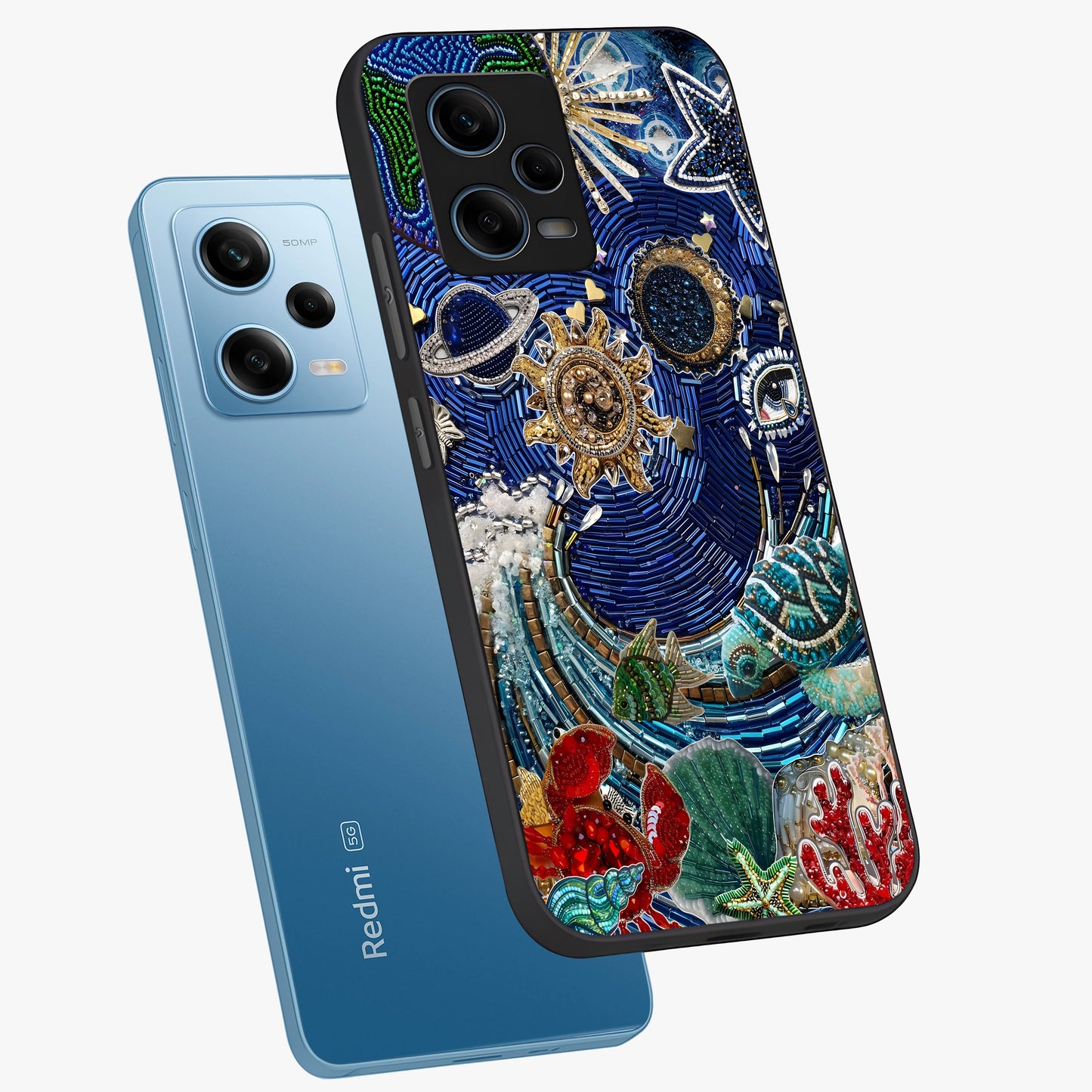 Universe Underwater Spark Glass Case displayed in angled mockup highlighting glowing aquatic design with celestial aesthetic.