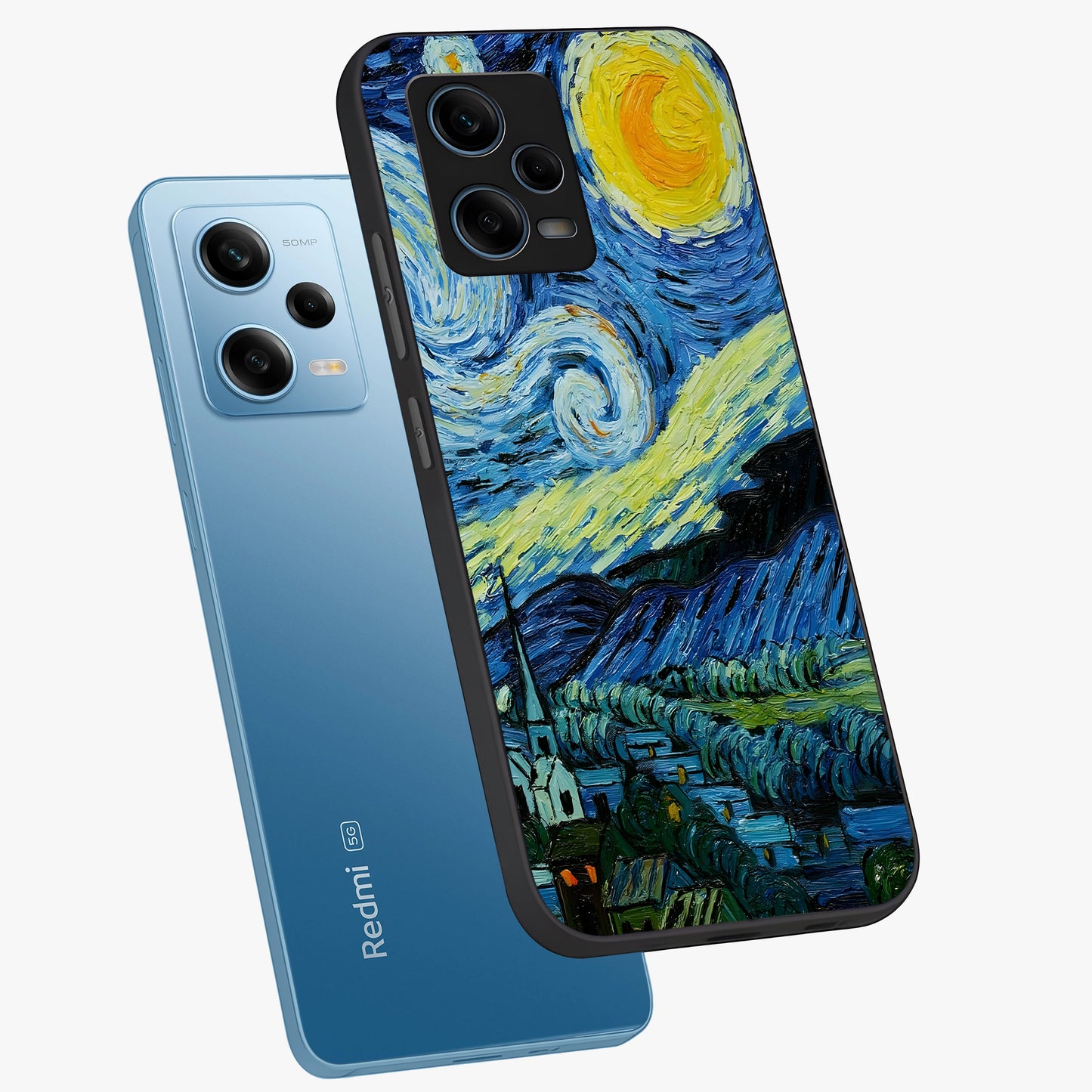 Van Gogh Art Glass Case displayed in angled mockup highlighting swirling brushstroke design with artistic aesthetic.