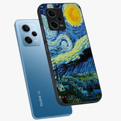 Van Gogh Art Glass Case displayed in angled mockup highlighting swirling brushstroke design with artistic aesthetic.