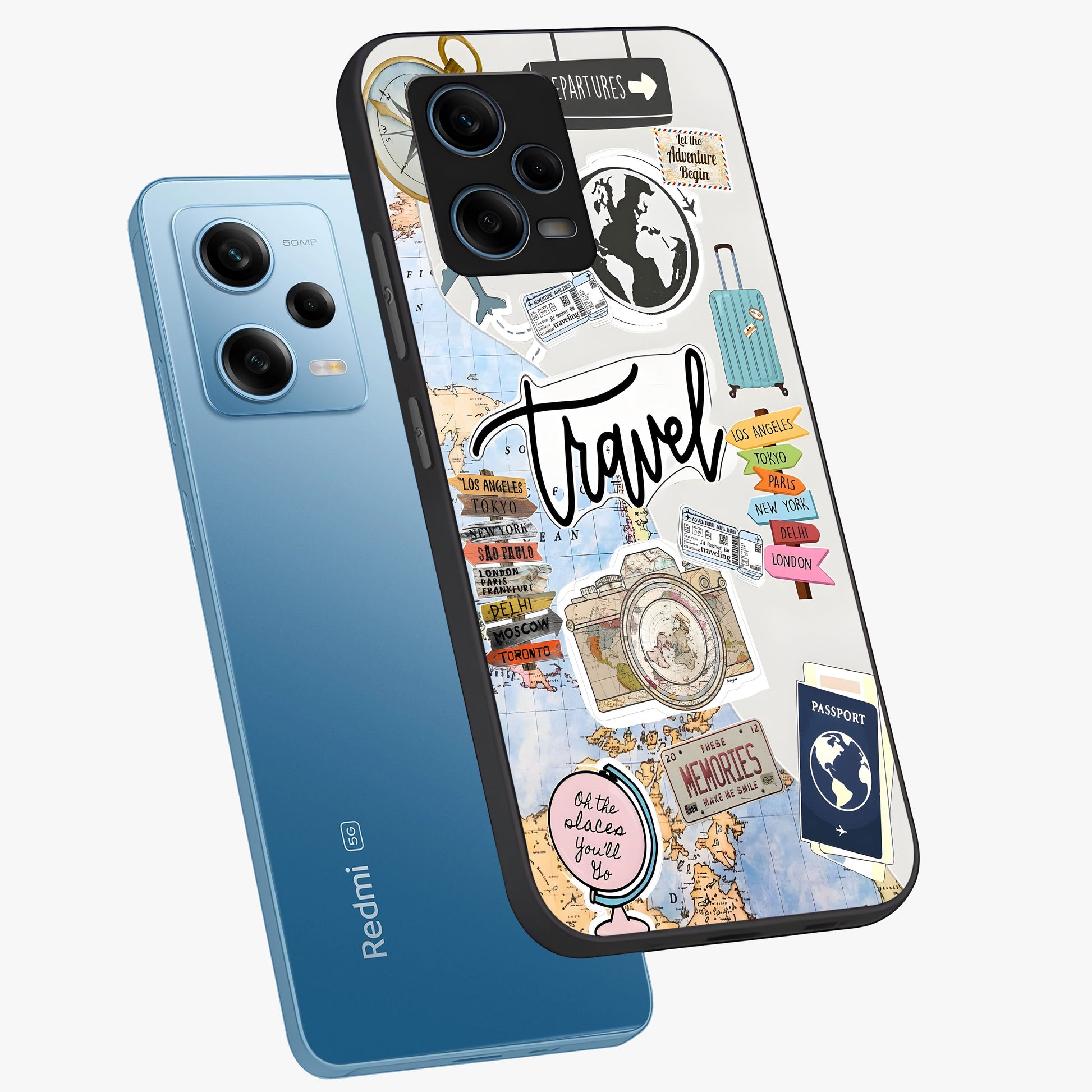 Wanderlust Journal Glass Case displayed in angled mockup highlighting adventure themed design with aesthetic travel vibe.