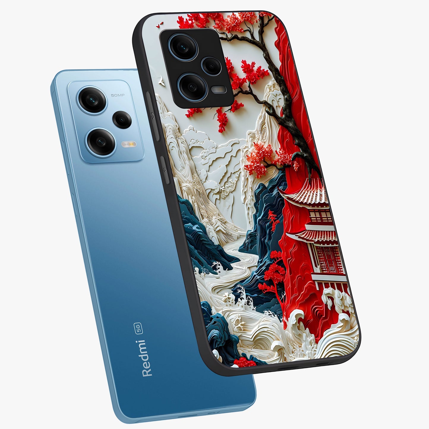 Whispers Of Sakura Waves Glass Case displayed in angled mockup highlighting flowing sakura design with soft floral aesthetic.