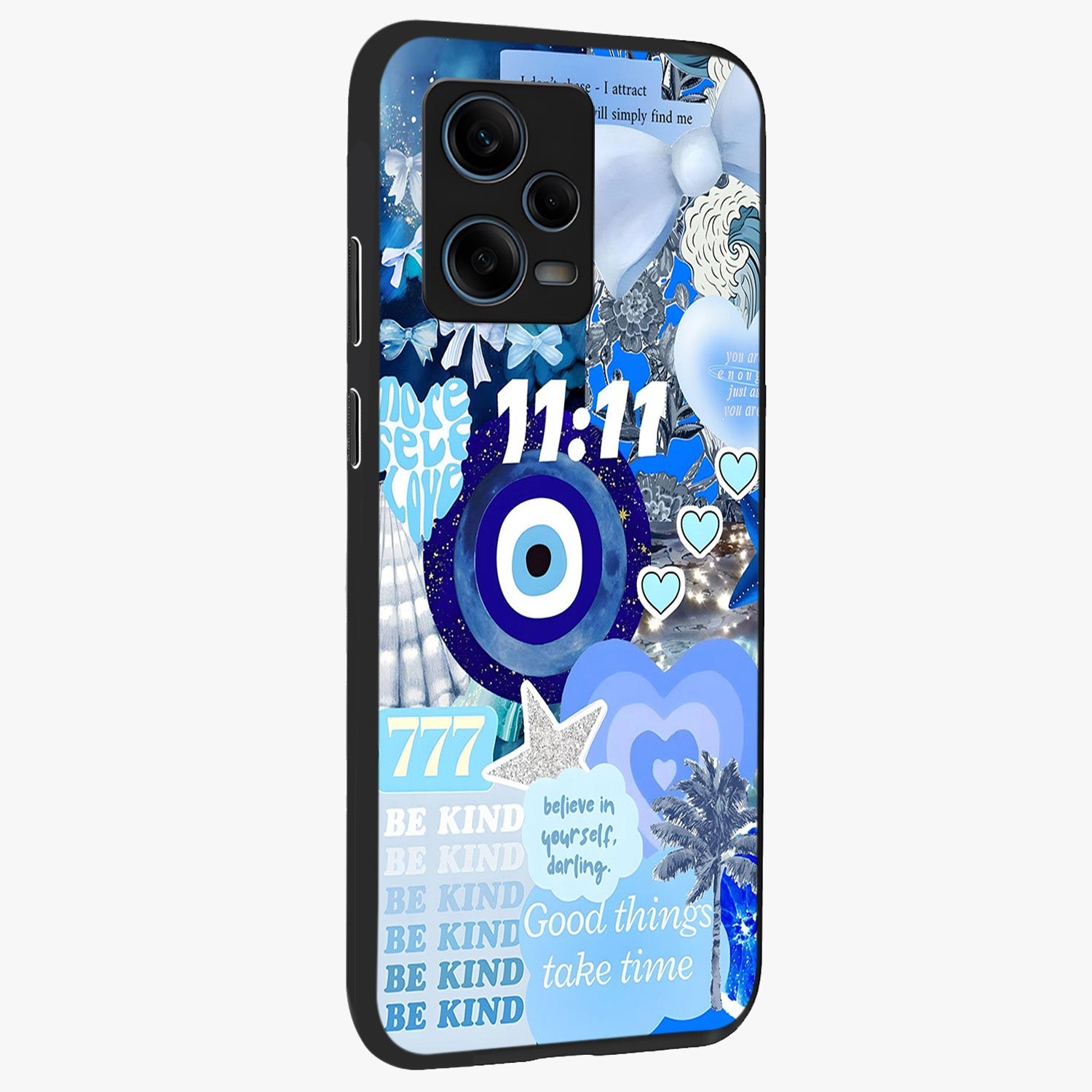 Aesthetic Be Kind Eye Glass Case upright view showcasing stylish eye illustration with positive message theme.