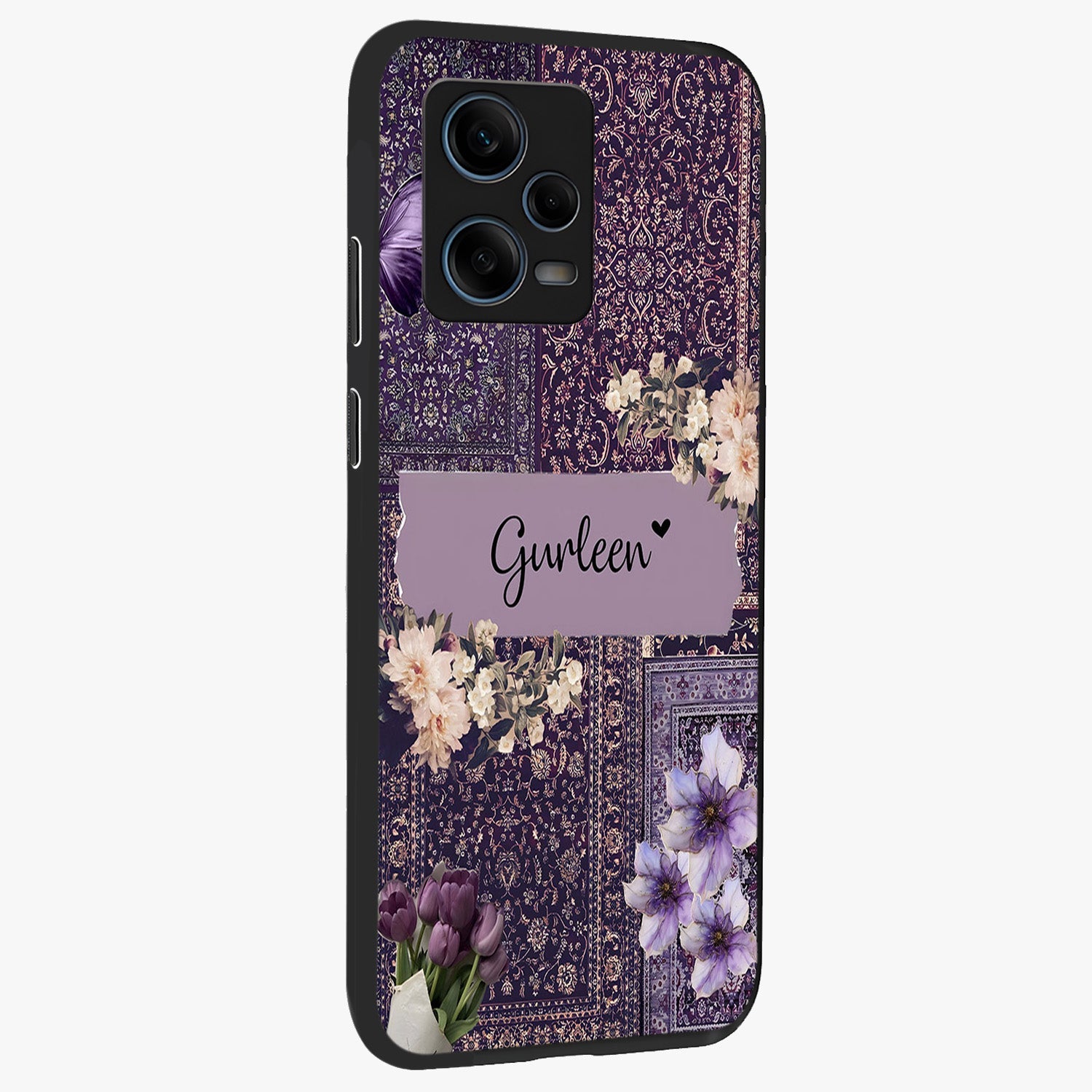 Antique Floral Whisper Custom Name Glass Case upright view showcasing delicate floral artwork with custom name feature.