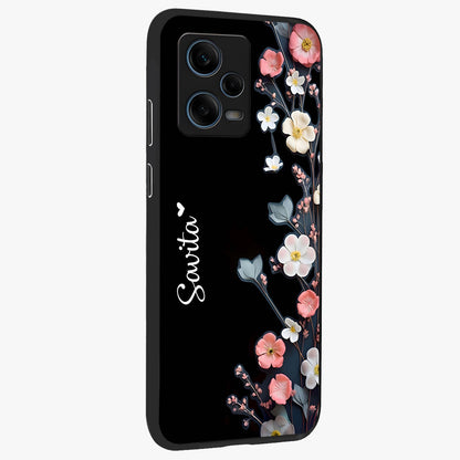 Black Elegance Floral Custom Name Glass Case upright view showcasing luxurious black floral design with personalized name detail.