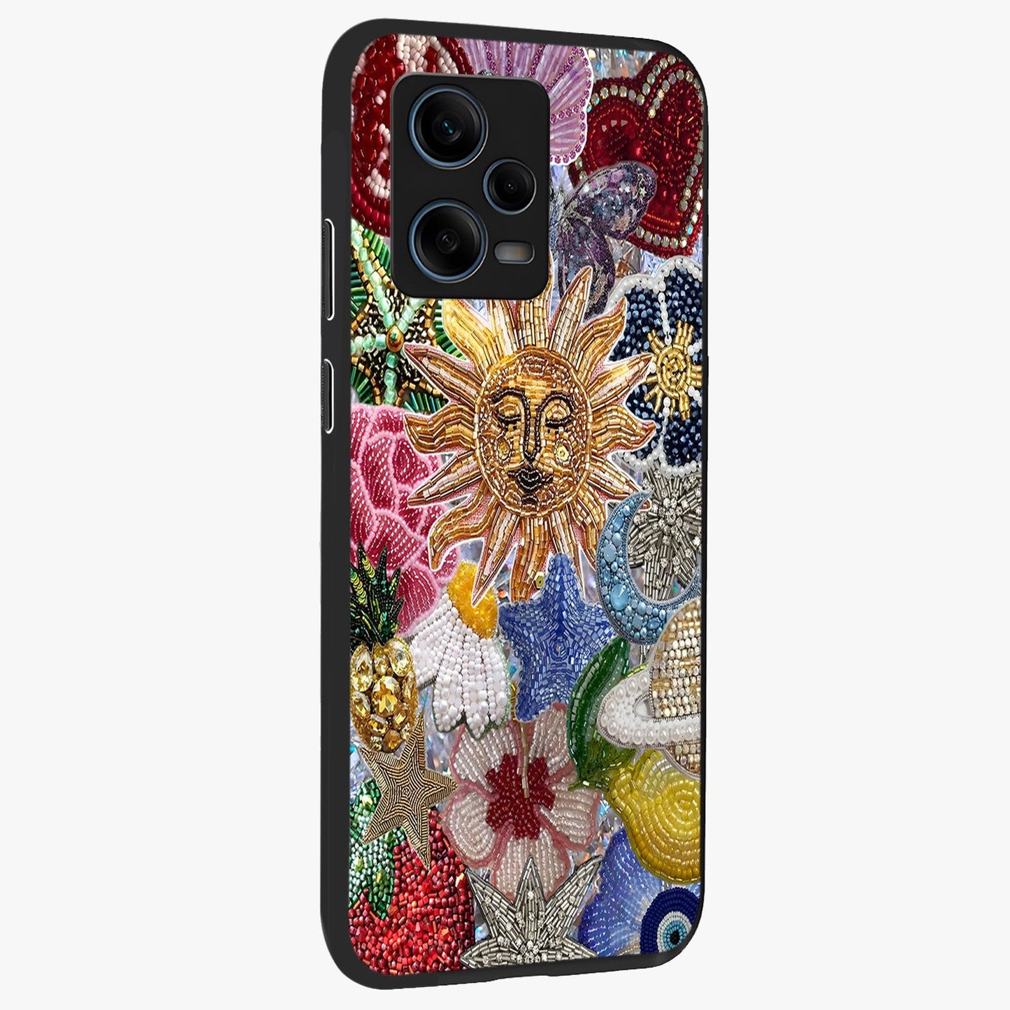 Celestial Floral and Playful Glass Case upright view showcasing whimsical floral artwork with cosmic aesthetic theme.