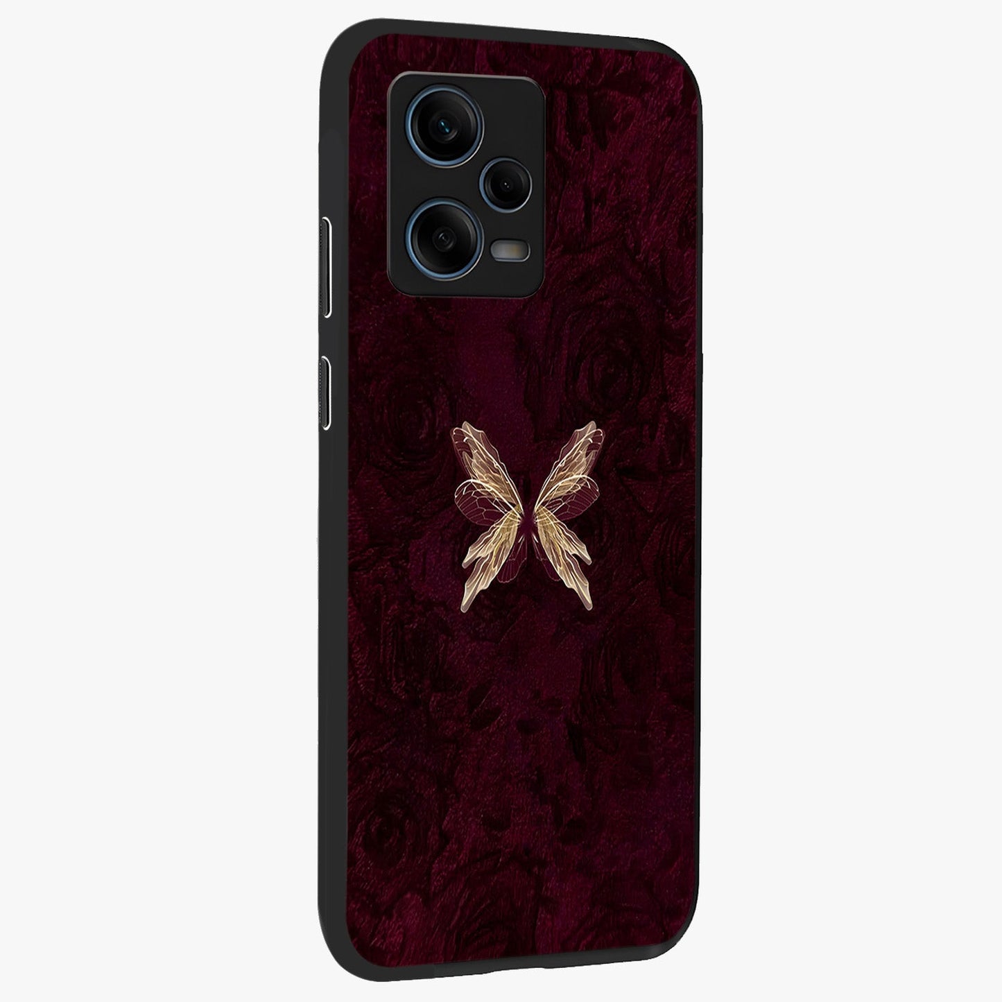 Crimson Fade Butterfly Glass Case upright view showcasing graceful butterfly artwork with soft crimson fade effect.
