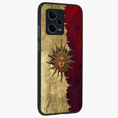 Crimson Sun Majesty Glass Case upright view showcasing vibrant sun artwork with powerful celestial theme.