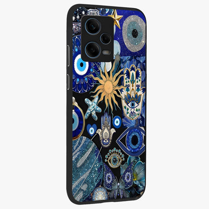 Evil Eye Charm Mix Glass Case upright view showcasing mystical evil eye pattern with vibrant decorative style.