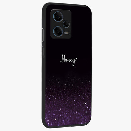 Glittery Purple Bokeh Custom Name Glass Case upright view showcasing vibrant purple sparkle artwork with personalized aesthetic style.