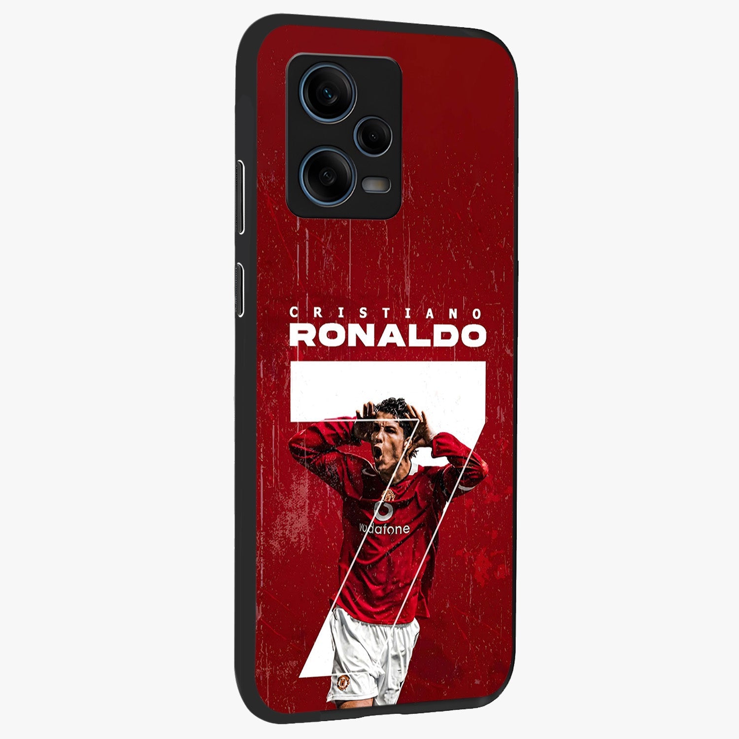 Goal Celebration Legacy Glass Case upright view showcasing dynamic football inspired artwork with victory celebration aesthetic.