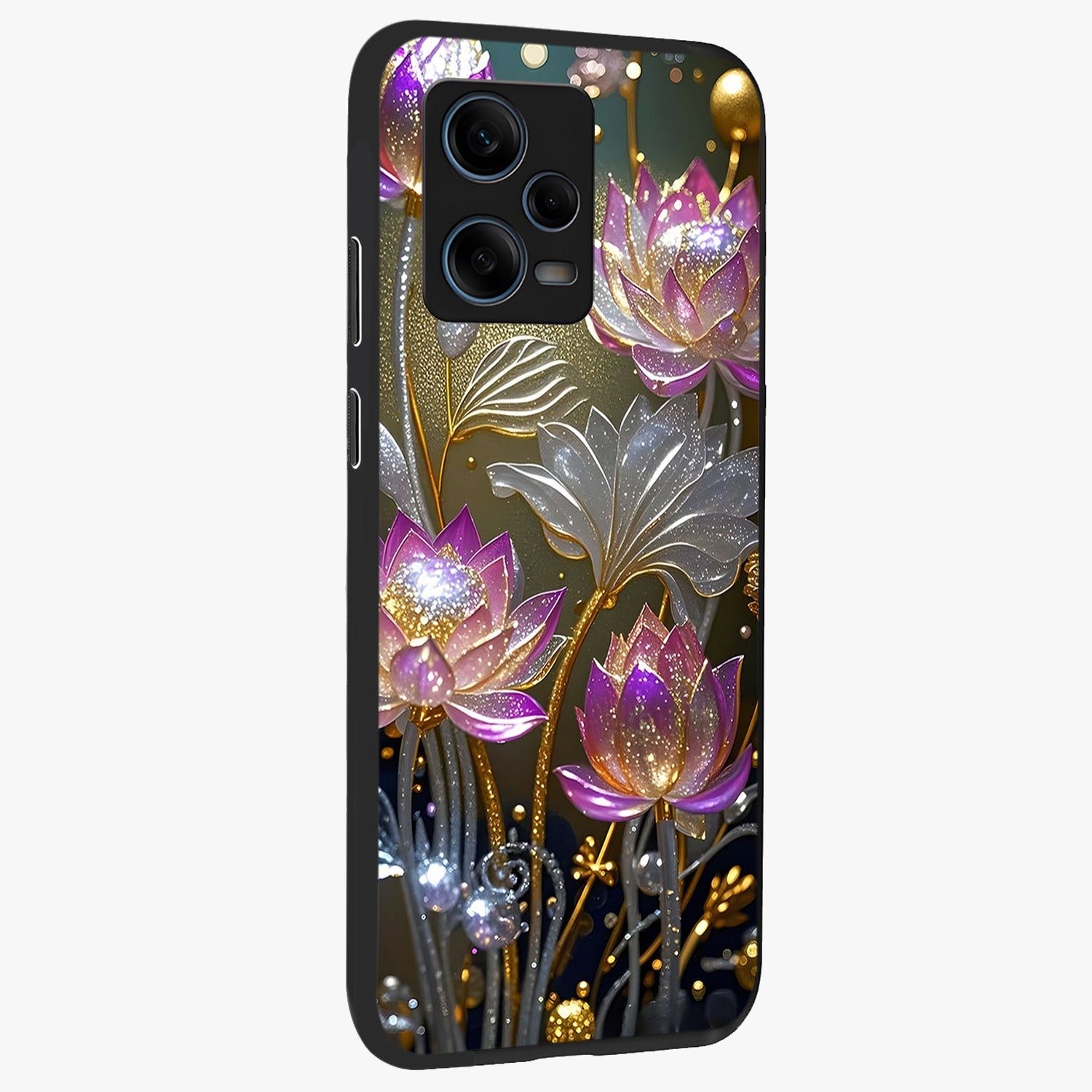 Golden Floral Majesty Glass Case upright view showcasing majestic floral artwork with rich decorative theme.