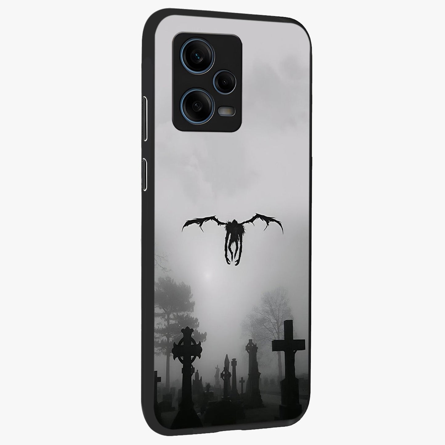 Graveyard Shadow Descent Glass Case upright view showcasing haunting graveyard artwork with dramatic dark theme.