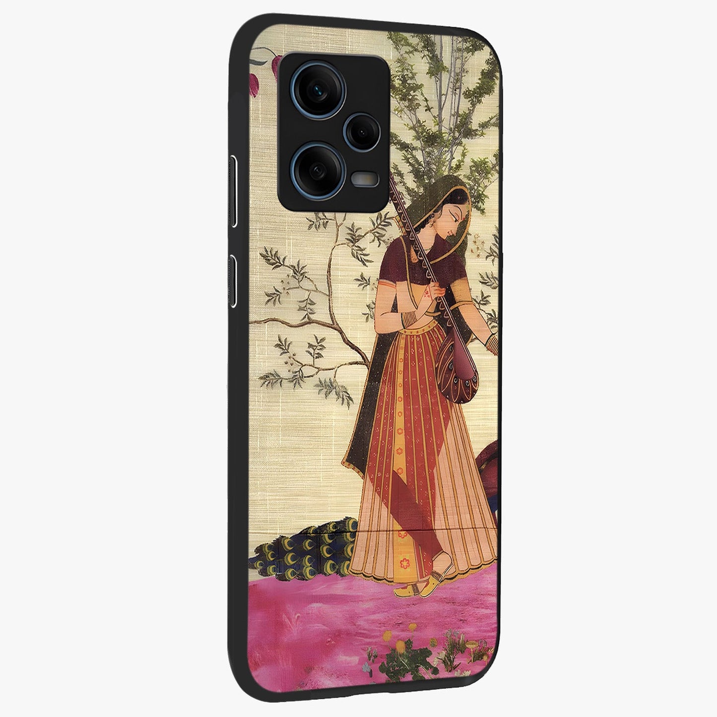 Lady With Veena Art Glass Case upright view showcasing classical veena artwork with traditional artistic theme.