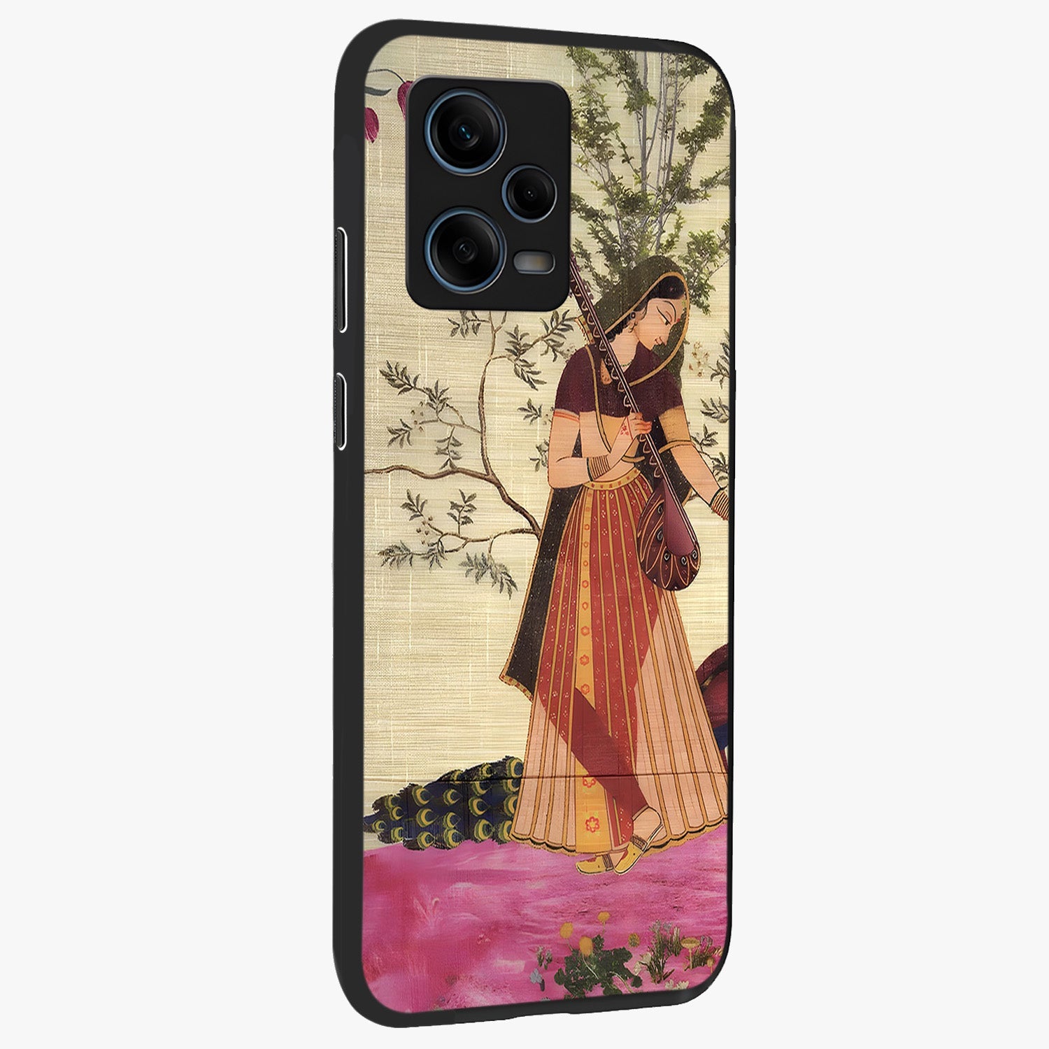 Lady With Veena Art Glass Case upright view showcasing classical veena artwork with traditional artistic theme.