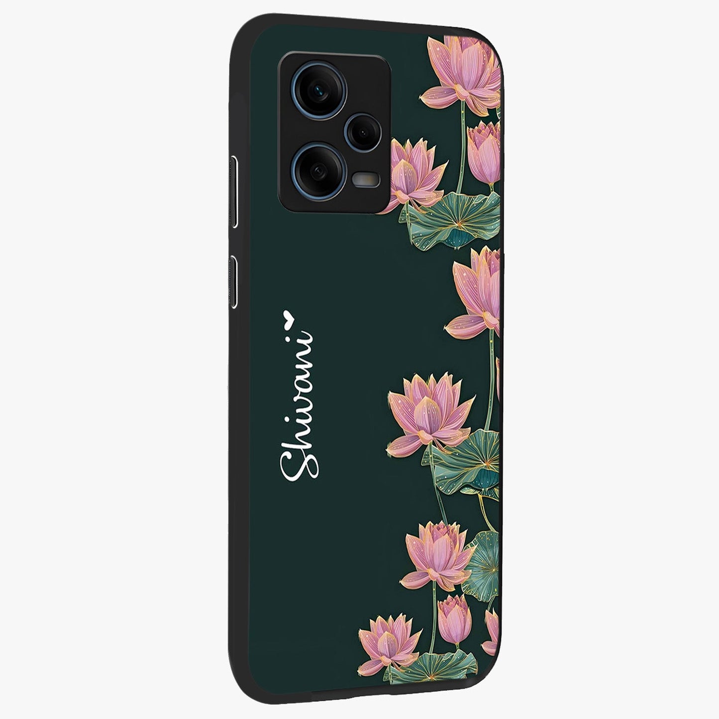 Lotus Bloom Serenity Custom Name Glass Case upright view showcasing serene lotus bloom artwork with personalized floral aesthetic.