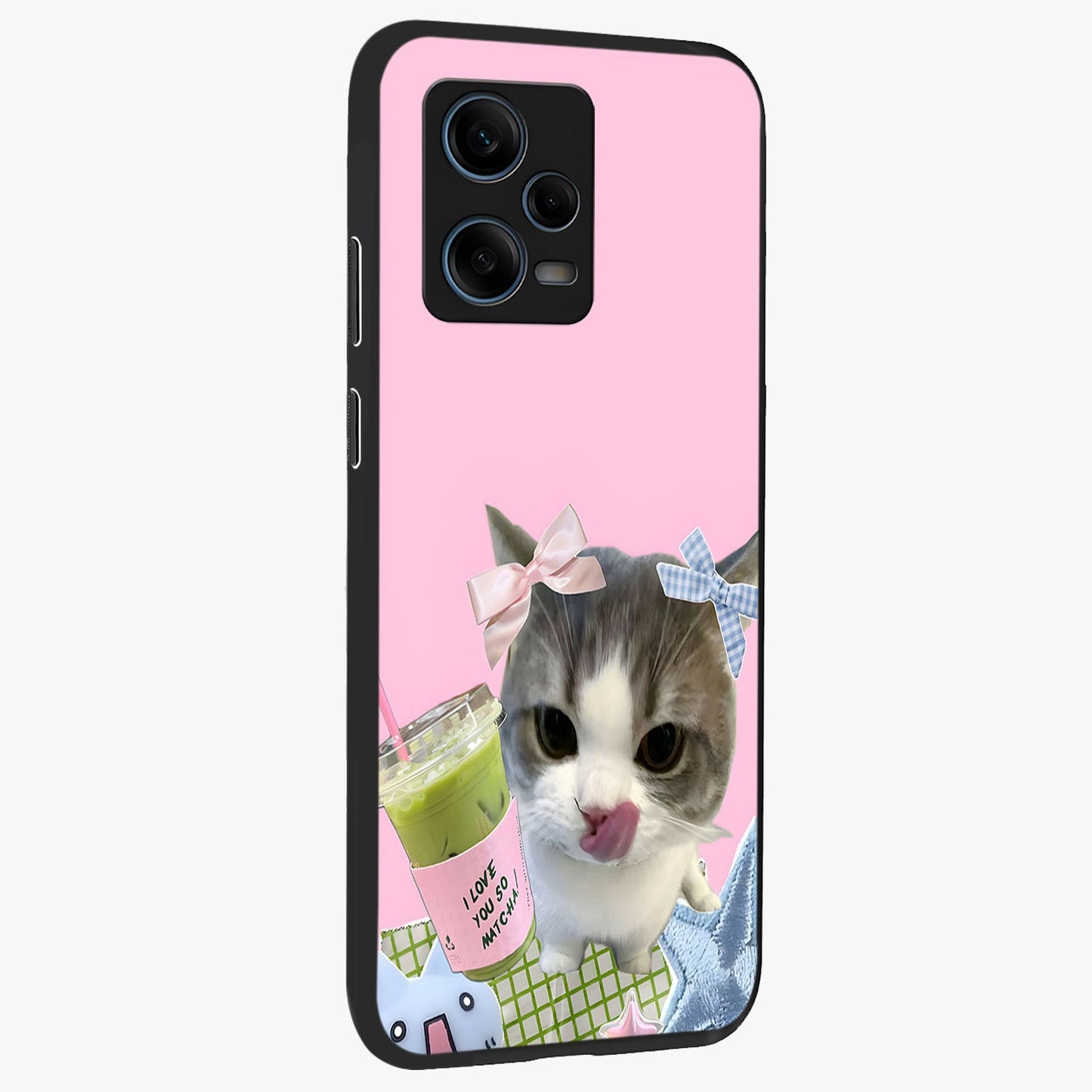 Love Matcha Cat Glass Case upright view showcasing adorable cat artwork with charming matcha themed design.