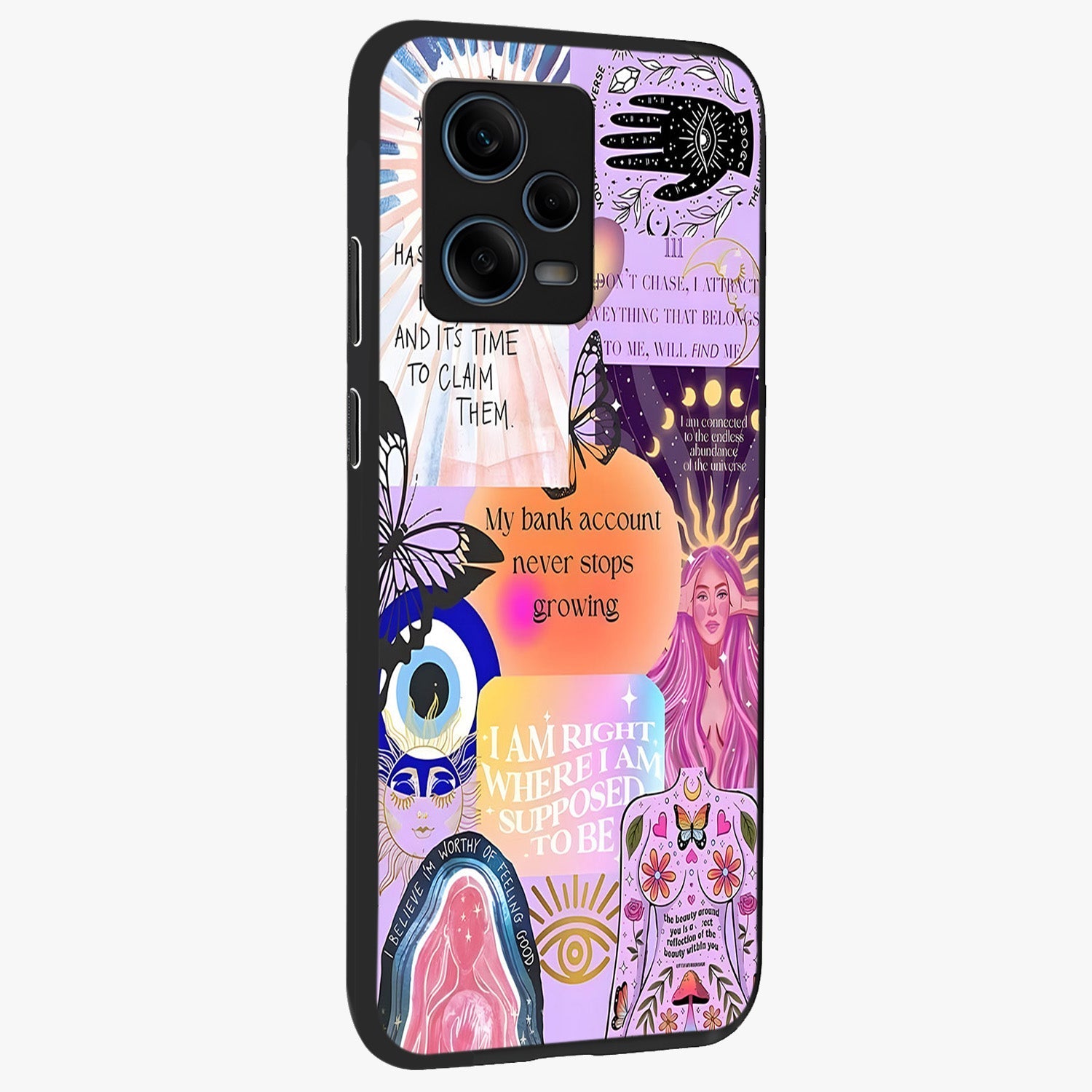 Manifestation Collage Glass Case upright view showcasing artistic manifestation themed artwork with creative style.