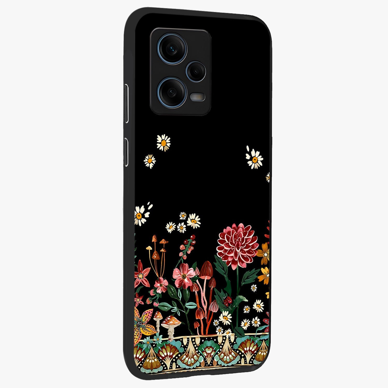 Midnight Bloom Pattern Glass Case upright view showcasing decorative floral artwork with deep night themed palette.