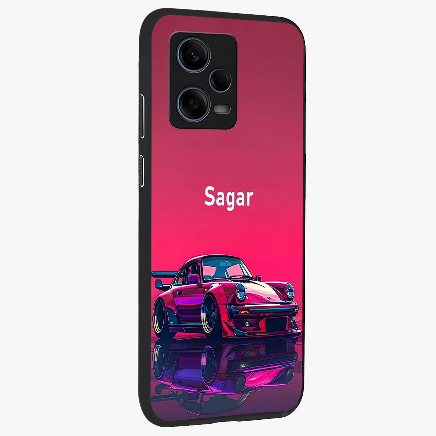 Neon Pink Porsche Glass Case upright view showcasing vibrant sports car artwork with bold automotive theme.