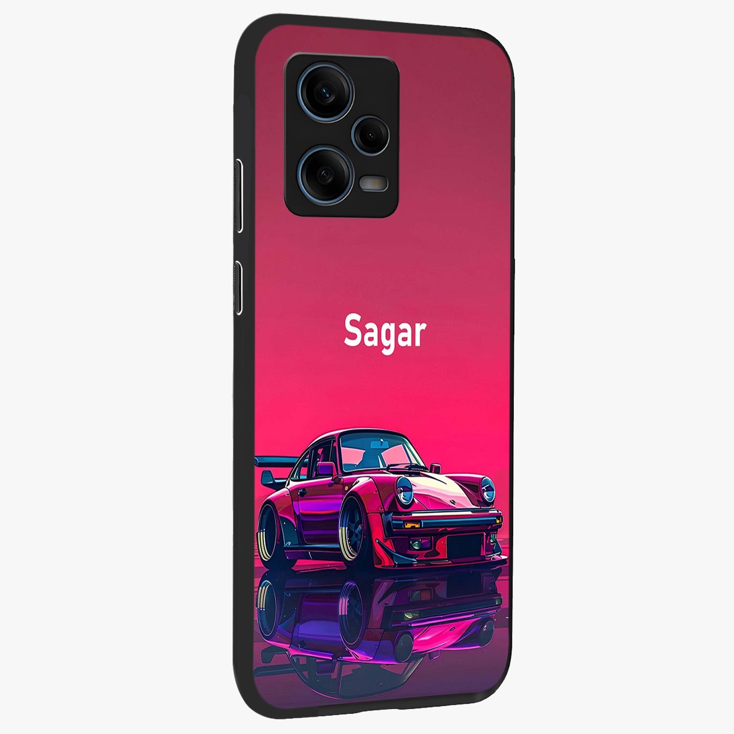 Neon Pink Porsche Glass Case upright view showcasing vibrant sports car artwork with bold automotive theme.
