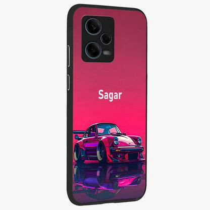 Neon Pink Porsche Glass Case upright view showcasing vibrant sports car artwork with bold automotive theme.
