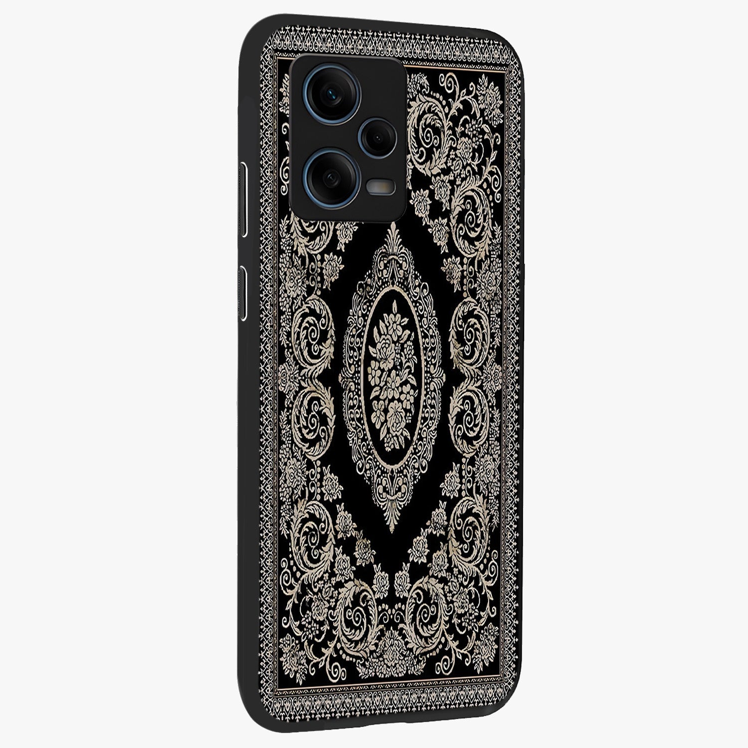 Noir Bloom Elegance Glass Case upright view showcasing graceful floral artwork with luxurious dark theme.