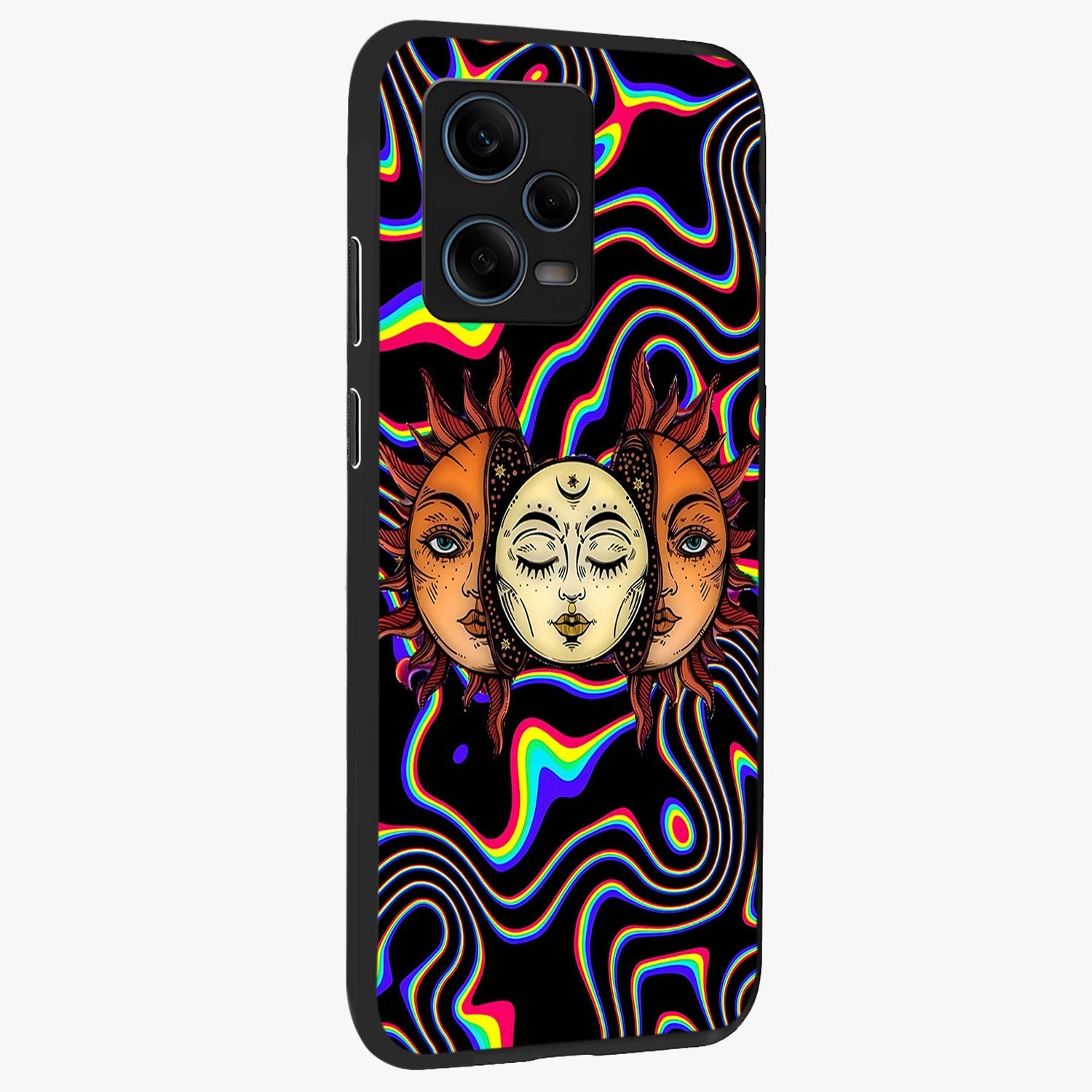 Psychedelic Sun Glass Case upright view showcasing trippy sun artwork with bold psychedelic theme.