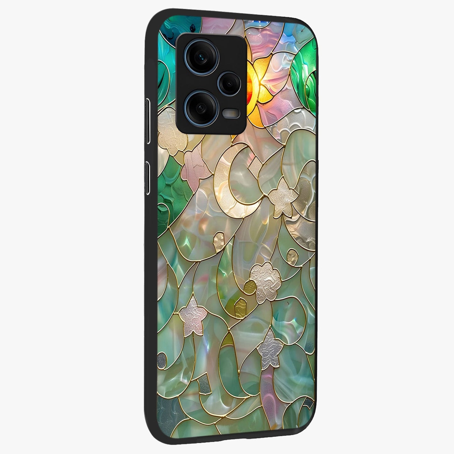 Stained Sunrise Glow Glass Case upright view showcasing colorful sunrise artwork with warm morning theme.
