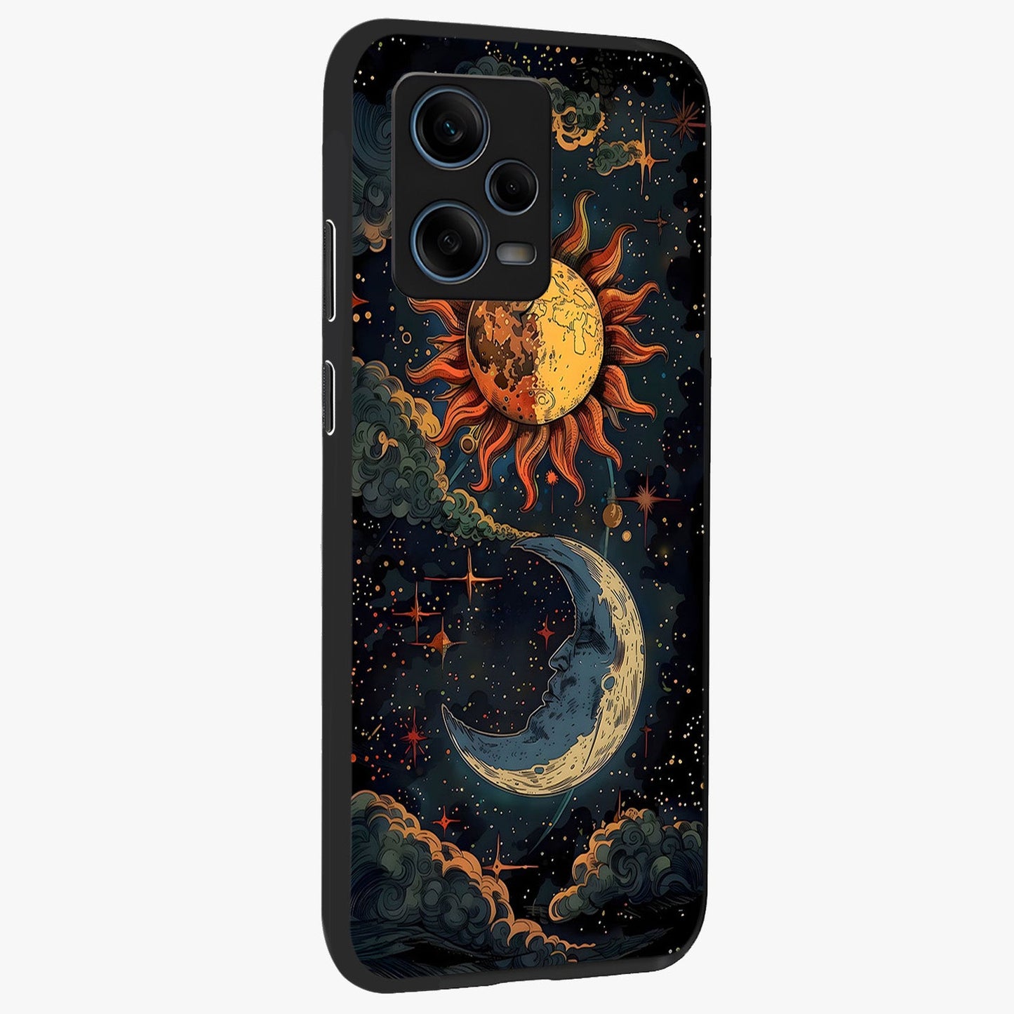Sun And Moon Magic Design Glass Case upright view showcasing decorative sun and moon artwork with spiritual celestial theme.