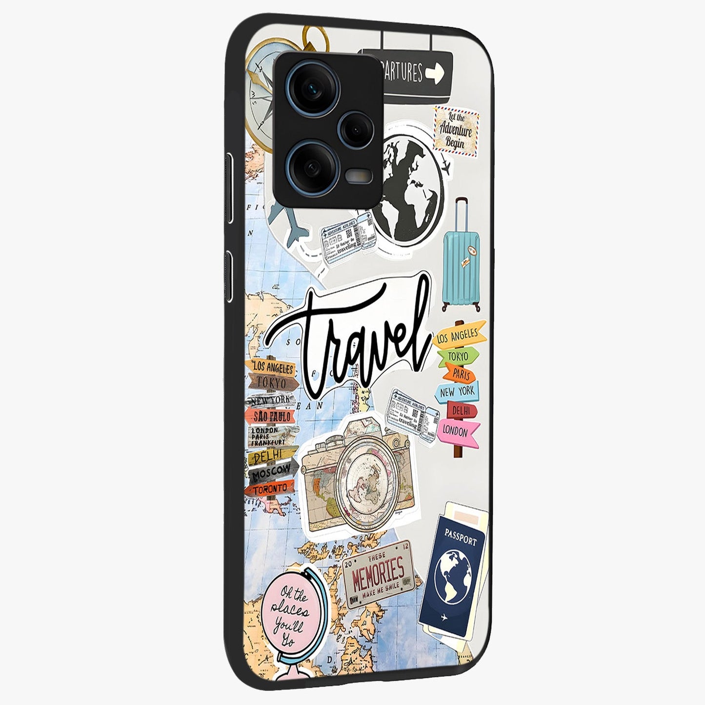 Wanderlust Journal Glass Case upright view showcasing wanderlust inspired artwork with creative exploration theme.