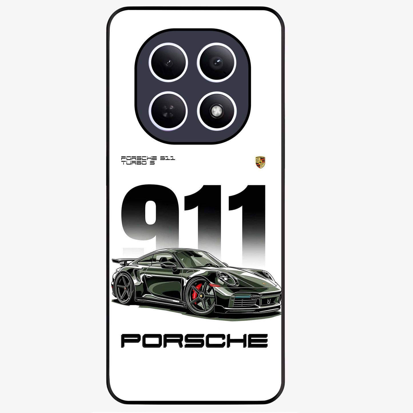 911 Turbo Dominance Glass Case showing clean flat back view with bold 911 sports car artwork and glossy glass finish.