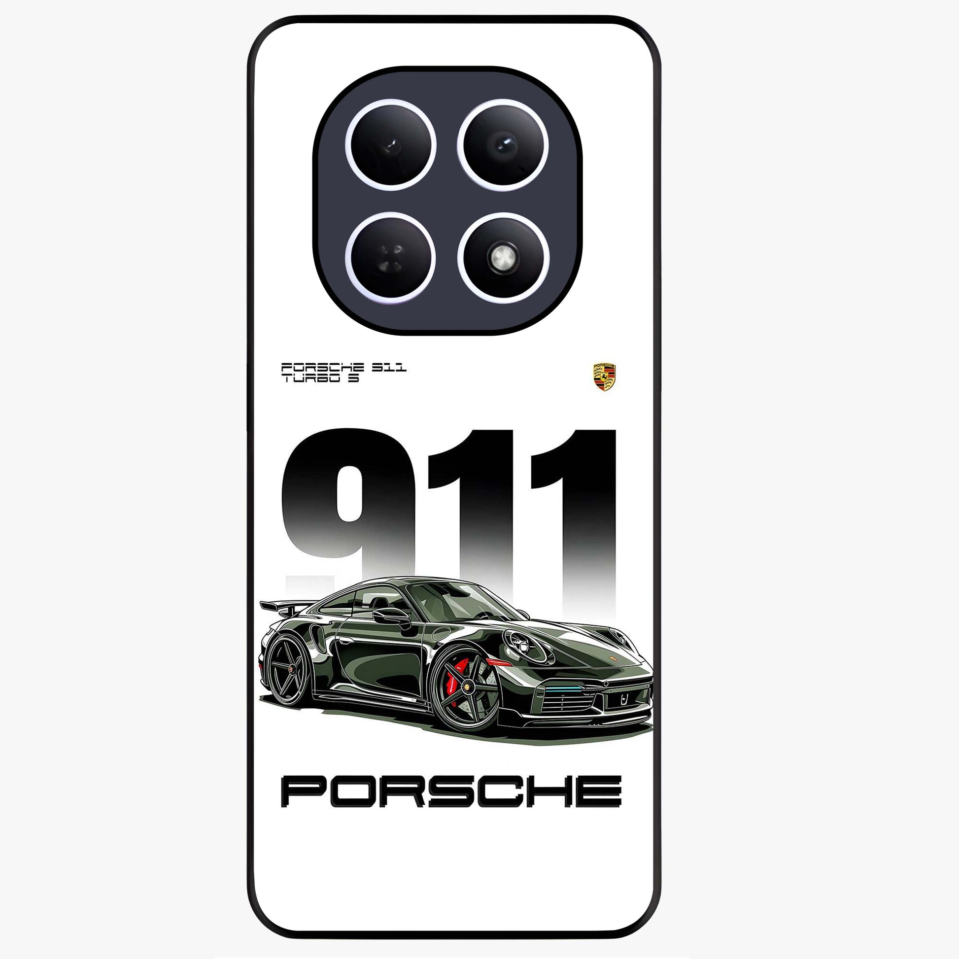 911 Turbo Dominance Glass Case showing clean flat back view with bold 911 sports car artwork and glossy glass finish.