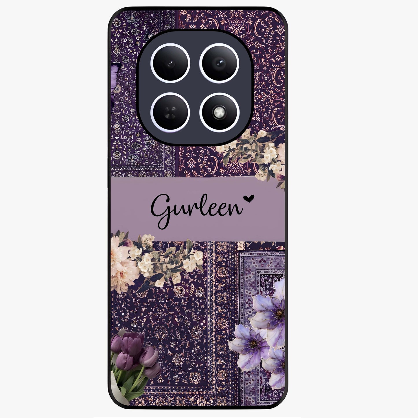 Antique Floral Whisper Custom Name Glass Case showing flat back view with vintage floral artwork and personalized name design.