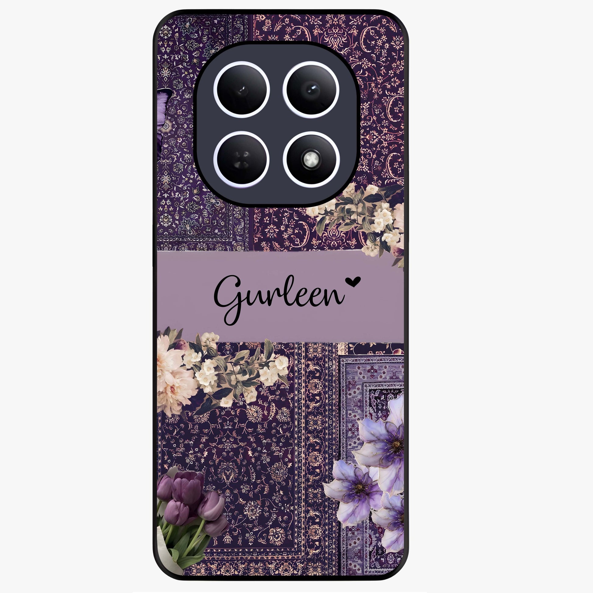 Antique Floral Whisper Custom Name Glass Case showing flat back view with vintage floral artwork and personalized name design.