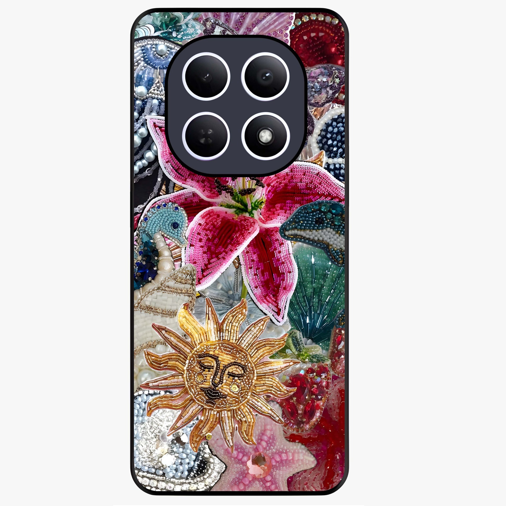 Beaded Garden Fantasy Glass Case showing flat back view with dreamy garden bead artwork and glossy glass finish.
