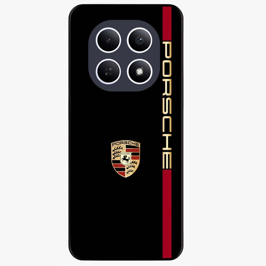 Black Minimal Porsche Glass Case showing flat back view with sleek minimal sports car artwork and glossy glass finish.