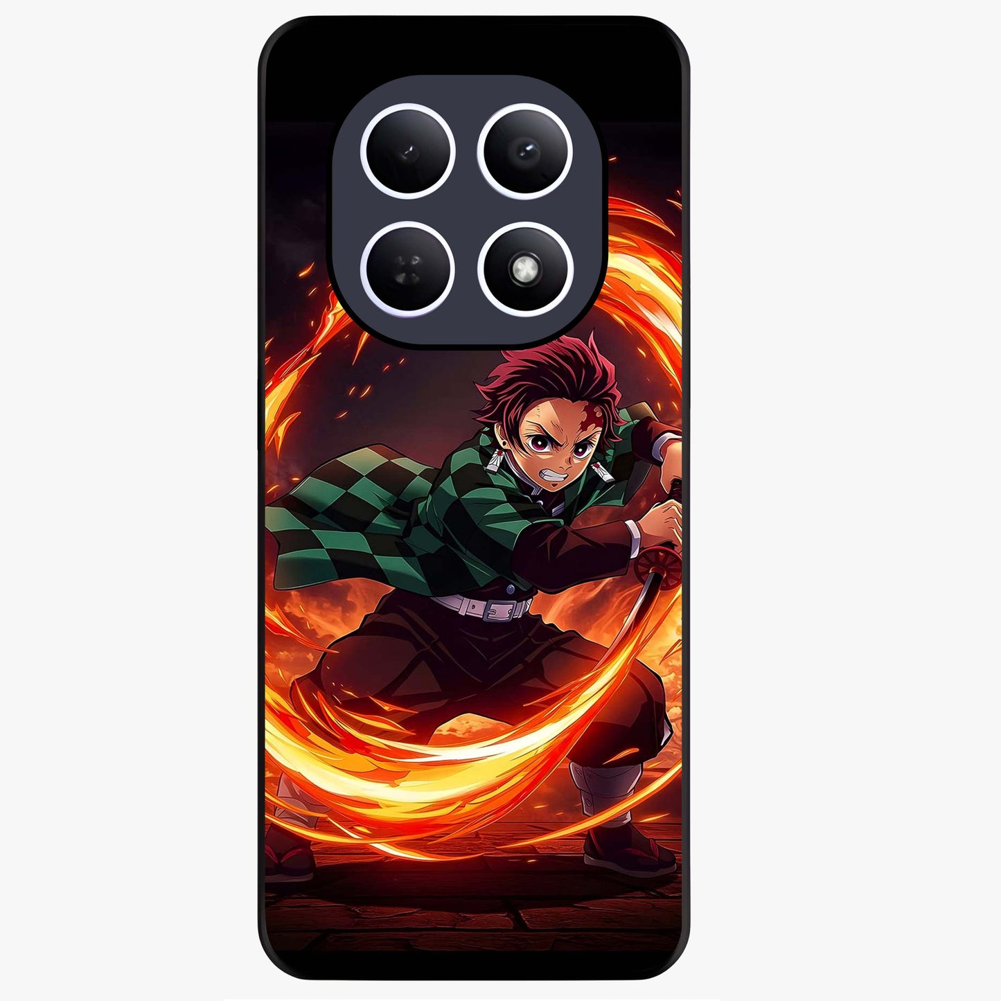 Blazing Sword Resolve Glass Case showing flat back view with fiery sword artwork and glossy glass finish.