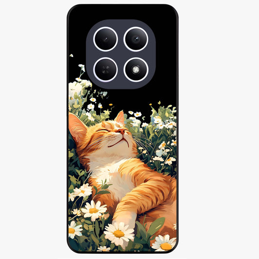 Blissful Bloom Cat Glass Case showing flat back view with cute cat and floral bloom artwork and glossy glass finish.