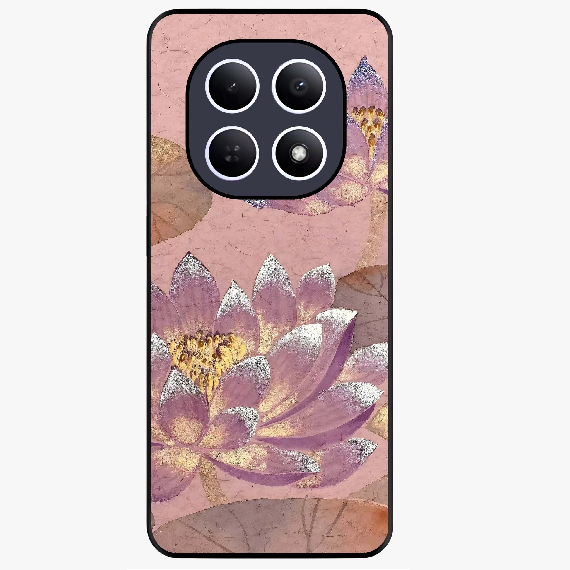 Blossom Mist Lotus Glass Case showing flat back view with serene lotus blossom artwork and glossy glass finish.