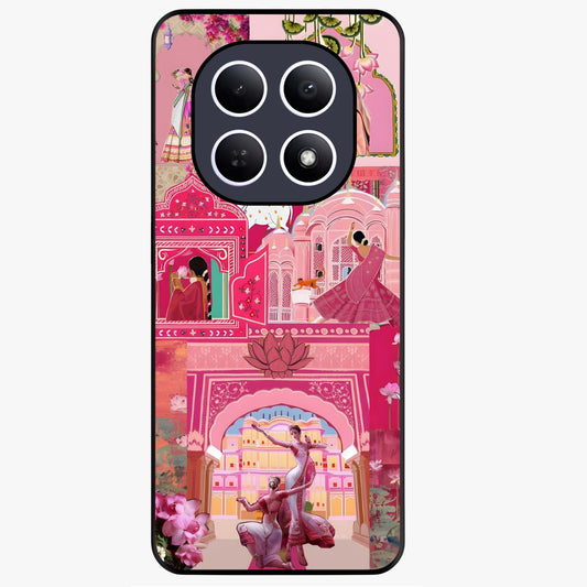 Blossoms of Rajasthan Glass Case showing flat back view with traditional floral artwork inspired by Rajasthan and glossy glass finish.