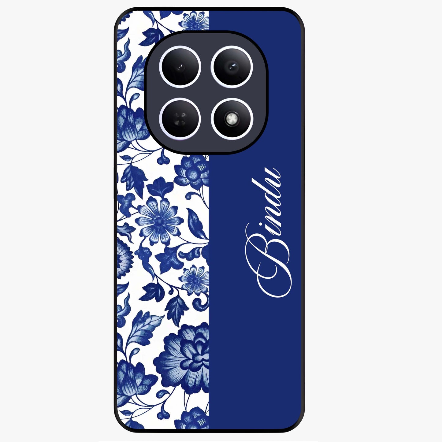 Blue Vintage Floral Pattern Glass Case upright view showcasing timeless floral illustration with vintage inspired style.