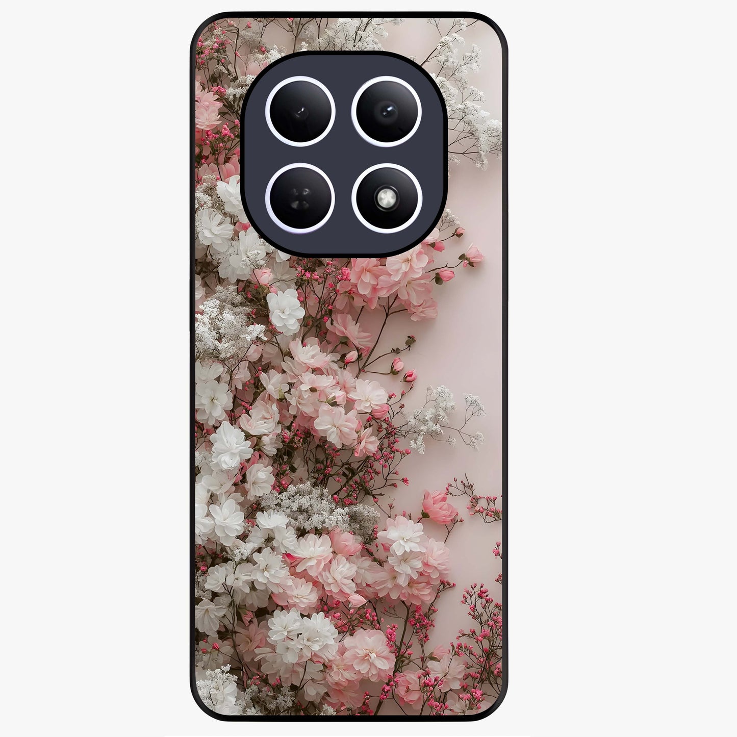 Blush Blossom Cloud Glass Case showing flat back view with dreamy blush cloud blossom artwork and glossy glass finish.