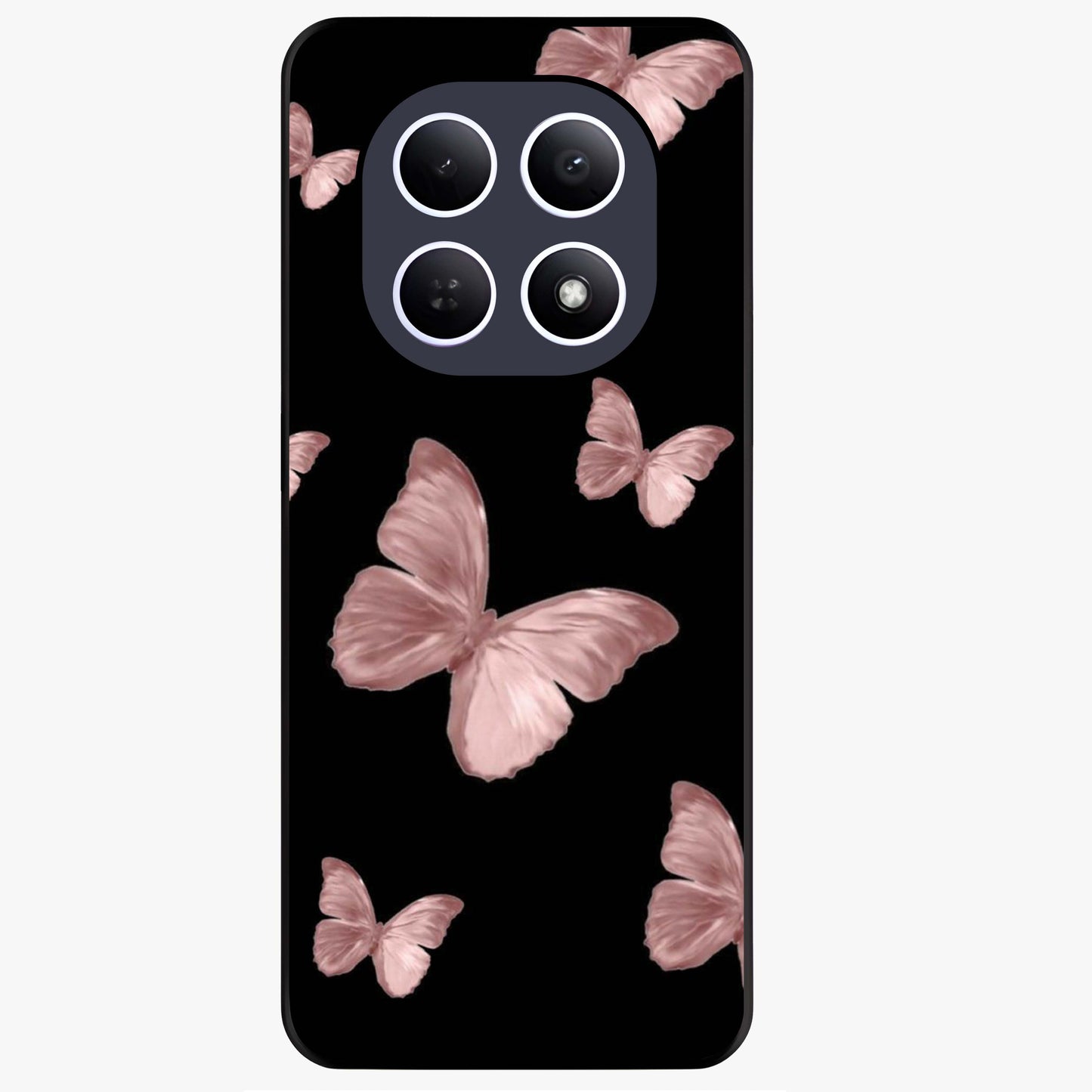 Butterfly Pattern Glass Case showing flat back view with elegant butterfly pattern artwork and glossy glass finish.