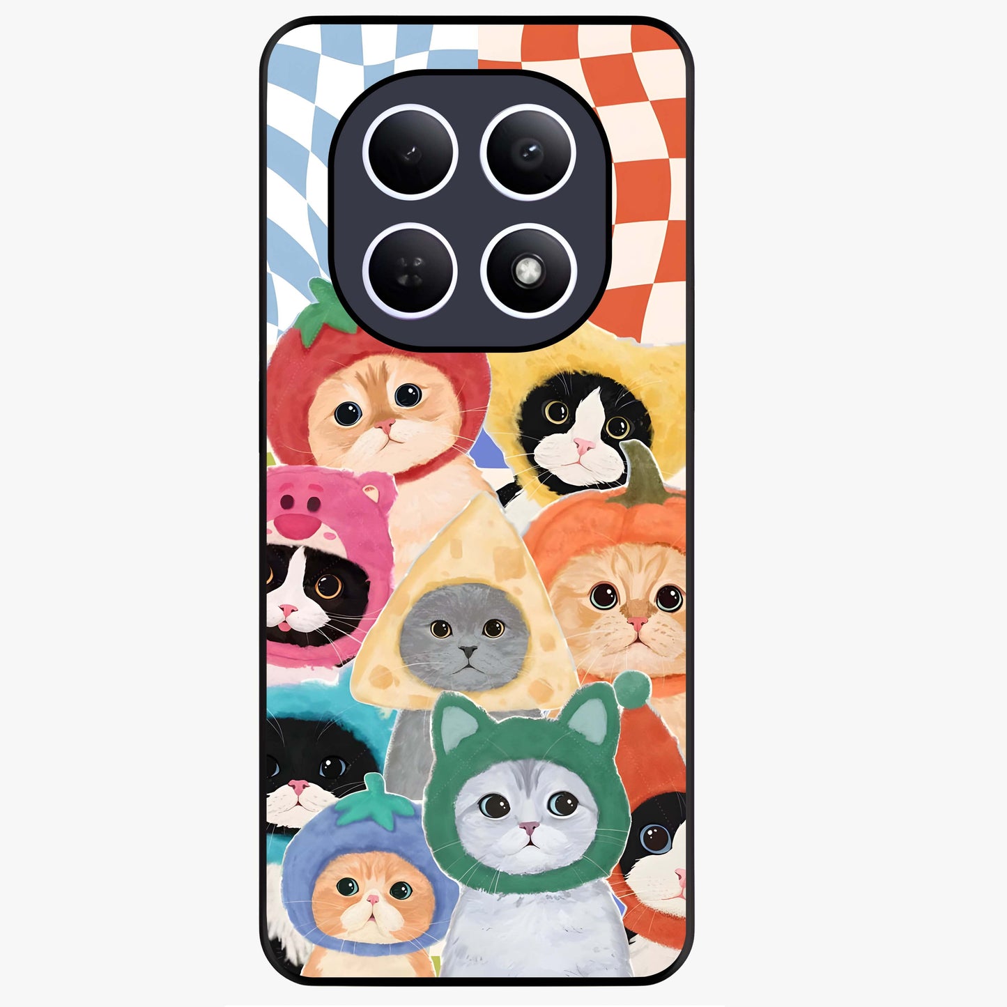 Cats in Fruits Glass Case showing flat back view with playful cat illustrations inside fruit artwork and glossy glass finish.